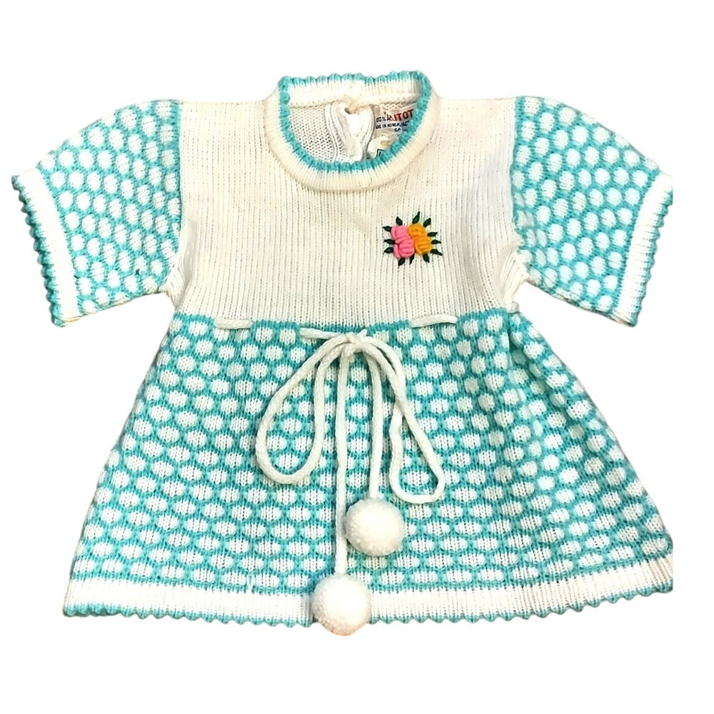 Jolitot Knit Dress Baby 12M White Teal Honeycomb Pom Pom Vintage 70s Floral